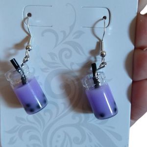 Purple Boba Tea Drink Jar Hypoallergenic Silver Fishhook Earrings Bubble…